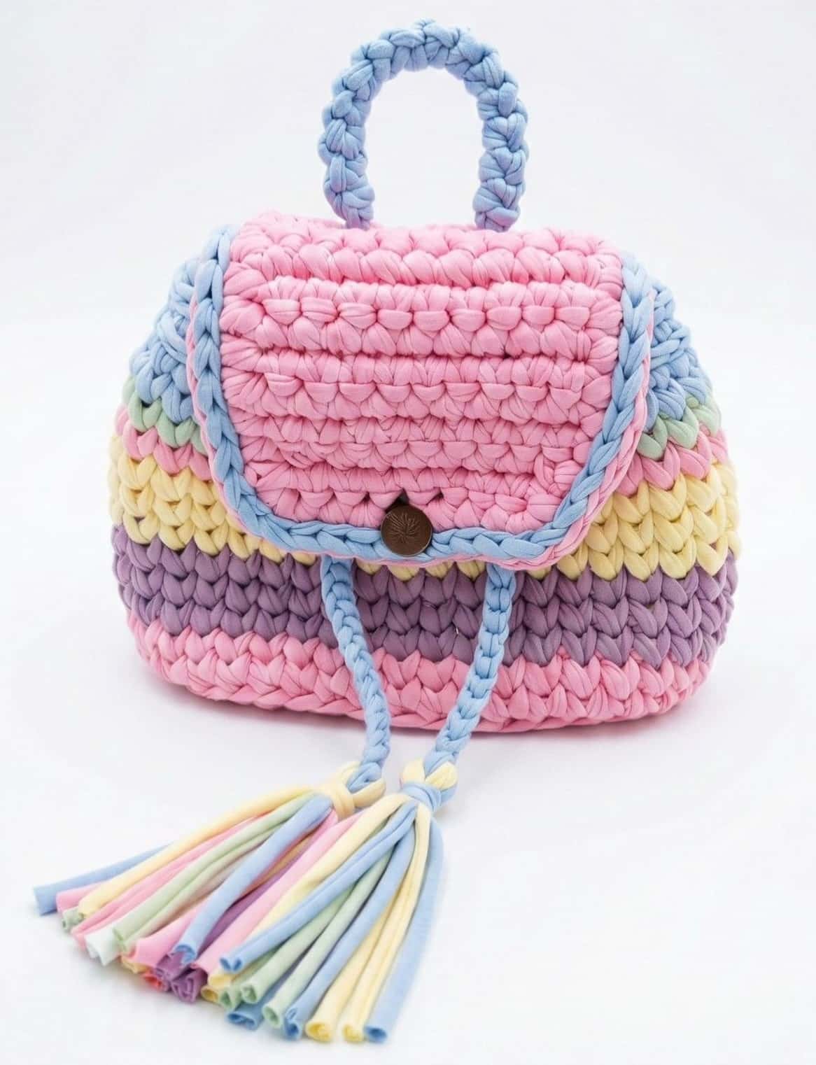 Mochila infantil em faixas rosa, amarelo, lilás e azul-claro, com tassel colorido